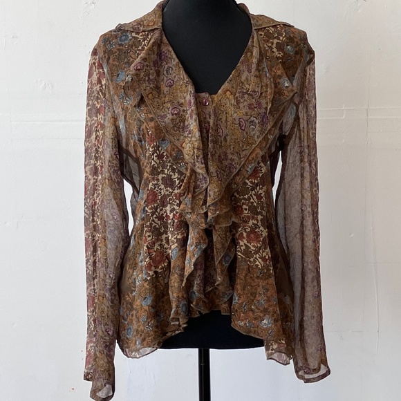 J. Jill Tops - J Jill, multi print design, sheer ruffle front blouse